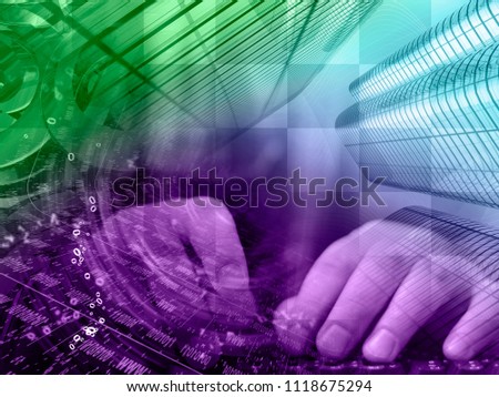 Abstract digital background - hands, digits and keyboard, toned.