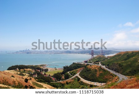 Wide view over the San Francisco Bay with the Golden Gate Bridge and the skyline of San Francisco, seen from the Marin Headlands, Marin County, California Royalty-Free Stock Photo #1118715038