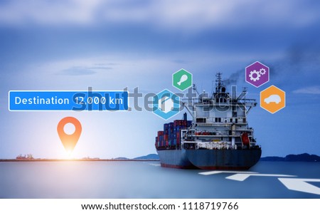 Cargo ship Sending goods to destination with sunlight at horizon. Virtual Navigation concept. Graphic of AR application screen to show destination place and goods on the cargo ship.