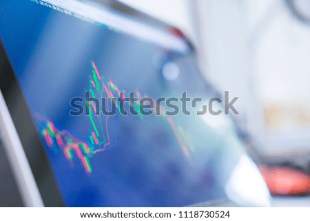 Computer screen with selective focus of technical price graph and indicator, red and green candlestick chart, market volatility, up and down trend. Stock trading, crypto currency background.