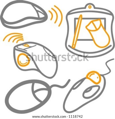 A set of 5 vector icons of computer wireless and cable mouses, and a tablet.