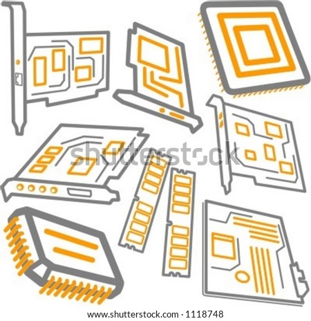 A set of 8 vector icons of CPU processors, RAM memory, mainboard, video and sound cards.