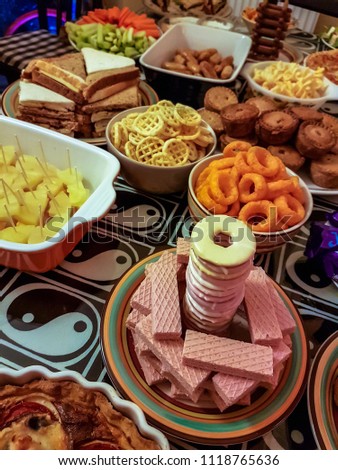 A traditional children’s birthday buffet table selection