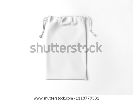 White drawstring bag on white background. Fabric cotton small bag. Isolated pouch.
 Royalty-Free Stock Photo #1118779331