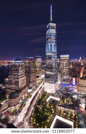 New York Manhattan Downtown Aerial Photography with Freedom Tower and National September 11 Memorial framed at Night