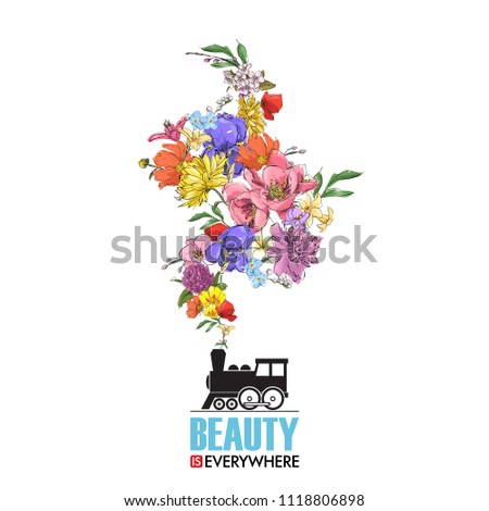 Abstract vector illustration of locomotive  and flowers.