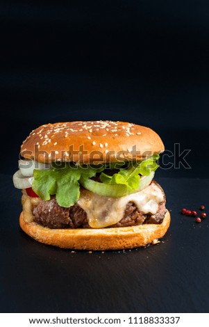 Food concept Homemade Hamburger on black slate plate with copy space