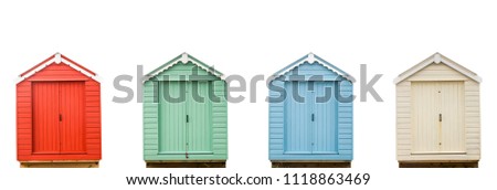 Four Isolated, Colorful Vintage Retro British Beach Huts Royalty-Free Stock Photo #1118863469