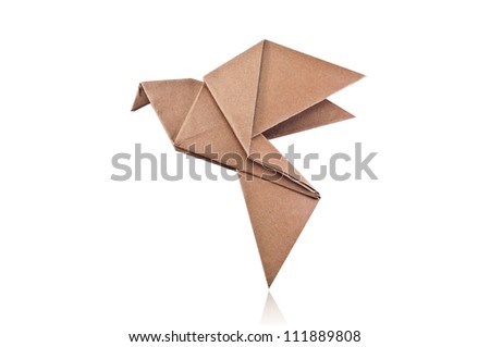 Origami brown paper bird on white background.