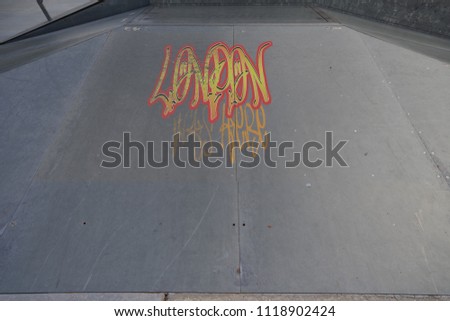 Drawing of London was here tagged in urban graffiti on a flat ramp