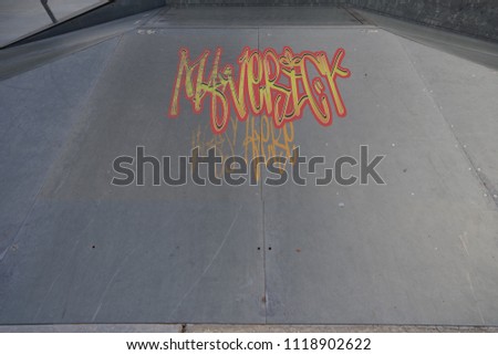 Drawing of Maverick was here tagged in urban graffiti on a flat ramp