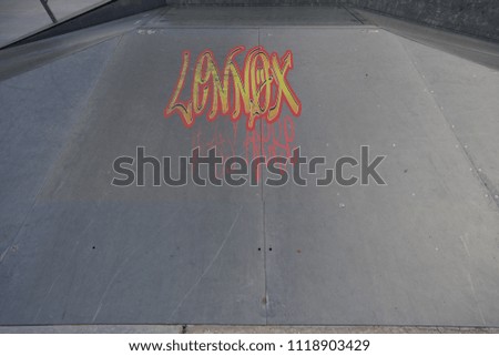 Drawing of Lennox was here tagged in urban graffiti on a flat ramp