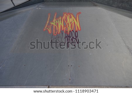 Drawing of Lawson was here tagged in urban graffiti on a flat ramp