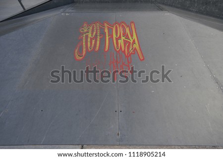 Drawing of Jeffery was here tagged in urban graffiti on a flat ramp