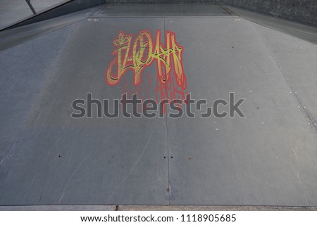 Drawing of Judah was here tagged in urban graffiti on a flat ramp