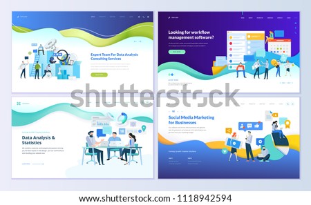 Set of web page design templates for data analysis, management app, consulting, social media marketing. Modern vector illustration concepts for website and mobile website development.  Royalty-Free Stock Photo #1118942594