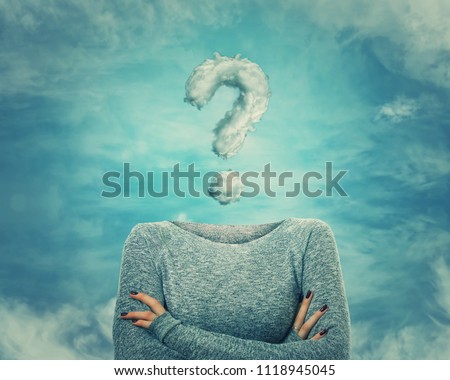 Surreal image as woman with crossed hands and invisible face has a question mark shaped cloud instead of head. Social mask for hiding his identity. Incognito introvert person with head in the clouds. Royalty-Free Stock Photo #1118945045