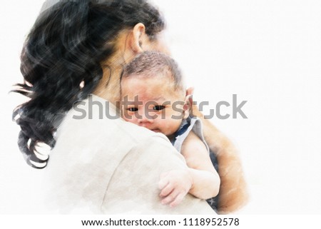 Asian mother holding cute newborn baby in her arms with love and save him from dangerous. Water color effect.