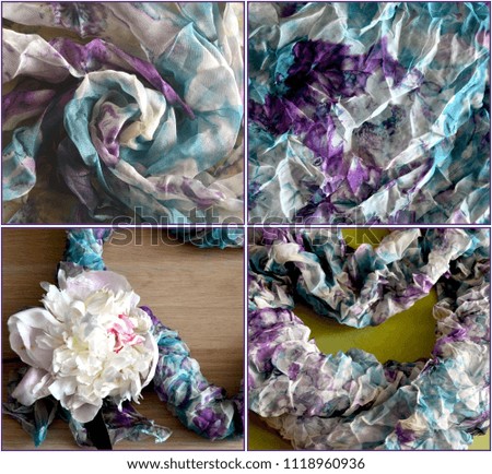 Collection of romantic backgrounds: tender purple and blue fabric, heart and white peony