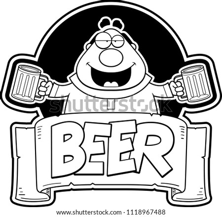 A cartoon illustration of a monk with two mugs of beer and the text beer.