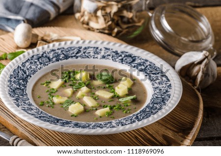 Potato mushrooms garlic soup, lots of herbs inside