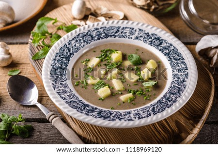 Potato mushrooms garlic soup, lots of herbs inside