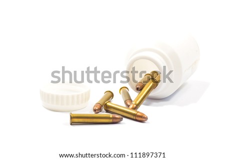 closeup photo of bullets out of a medicine bottle isolated on white background,abstract of danger from medicine