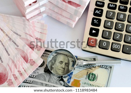 American dollar banknotes and Turksh Lira banknotes