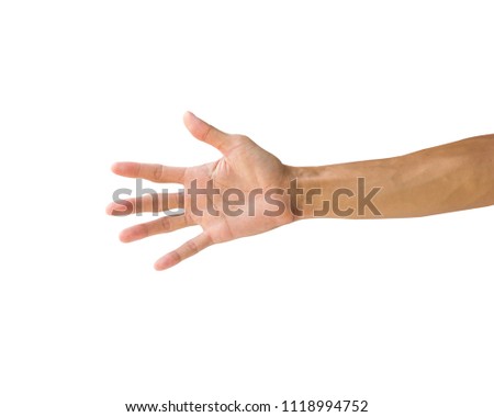 Clipping path hand gestures isolated on white background. Hand making number five sign or symbol gesture. Front hand hold gesture.