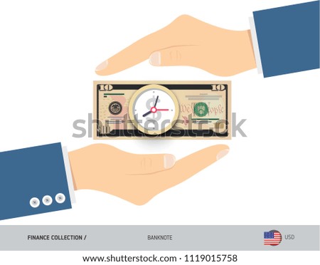 Clock on 10 US Dollar Banknote. Flat style vector illustration. Time and Business concept.