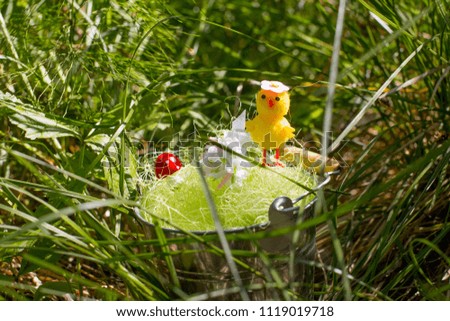 Yellow chicken in a green nest