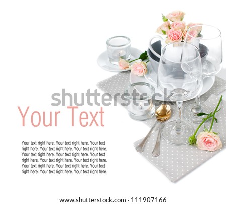 Festive table setting template with roses and napkins on a white background