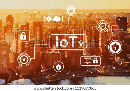 IoT security theme with aerial view of Manhattan, NY skyline