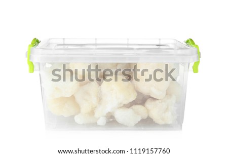 Plastic container with frozen cauliflower on white background. Vegetable preservation
