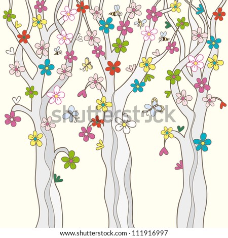 Vector illustration with blossom trees, bees and butterflies. Flowers on tree. Cute bees and butterflies