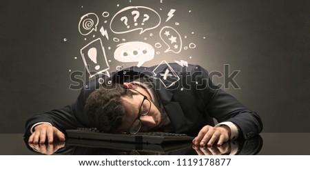 Elegant teacher fell asleep at his workplace with full draw blackboard concept