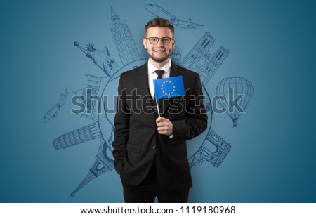 Elegant man with sightseeing concept on the background  and flag on his hand