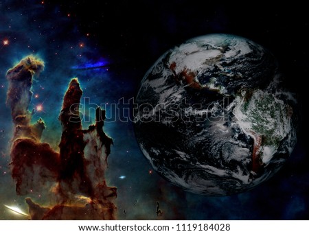 Planet earth in deep space near pillar of creation background. Elements of this image furnished by NASA.