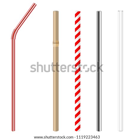 modern reusable glass, steel, paper and bamboo drinking straws as alternative replacement for classic disposable plastic drinking straw, isolated objects on white background, stock vector illustration Royalty-Free Stock Photo #1119223463