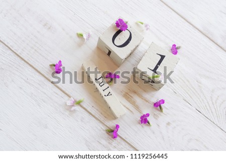 1 July, colorful background with cube wooden calendar and pink flowers