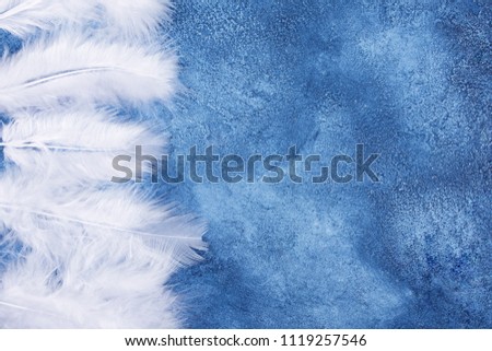 Fluffy white feathers on a blue marble or concrete background (as an abstract fairy-like fantastic background), copy space on the right for your text