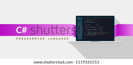 
C# programming language with script code on laptop screen, programming language code illustration