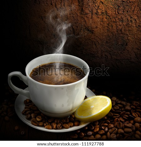 Cup of coffee with coffee beans on a brown background Royalty-Free Stock Photo #111927788