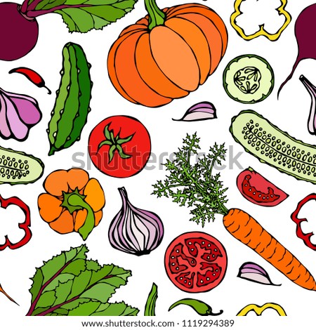 Vegetable Seamless Pattern with Cucumbers, Red Tomatoes, Bell Pepper, Beet, Carrot, Onion, Garlic, Chilli, Pumpkine. Fresh Green Salad. Healthy Vegetarian Food. Hand Drawn Illustration. Doodle Style.
