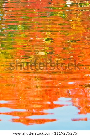 vertical view of beautiful water reflection of autumn foliage in the pond of koko-en garden himeji japan
