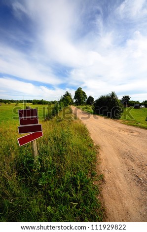 road with blank roadsigns and a classic rural landscape