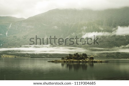 Norway Nature Fjord, Summer Sognefjord. Small town and cruise port Olden in Norwegian fjords. View from the top