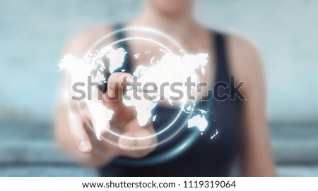 Businesswoman on blurred background using digital world map interface 3D rendering