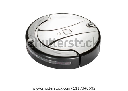 black robotic vacuum cleaner isolated on white background. modern smart cleaning technology housekeeping.