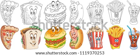 Cartoon Fast food Collection. Coloring pages and colorful designs for coloring book, t-shirt print, icon, logo, label, patch, sticker. Vector illustrations.
